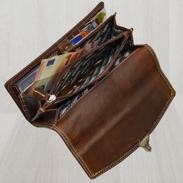 flevado Damengeldbörse Echt Leder RFID Schutz Schnallenoptik Klickverschluss Dunkelbraun-Glattleder